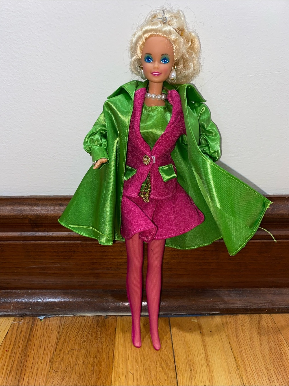 Elegant Barbie in a Bright Green Satin Trench coat pink 2 peice only displayed